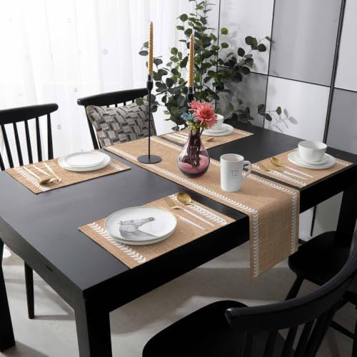 Boho Linen Table Runner and Placemats Set of 6 Leaf Stripes Linen
