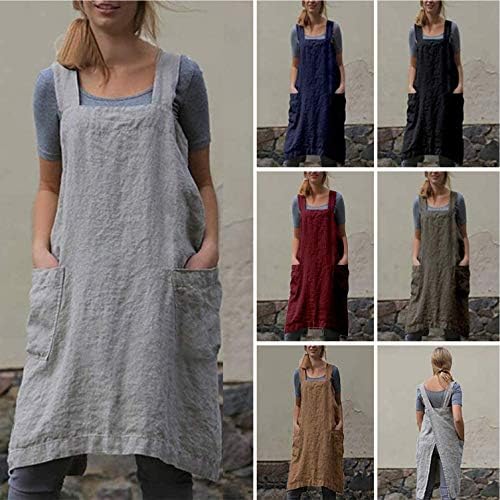 Cotton Linen Apron Cross Back Apron for Women with Pockets Pinafore