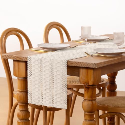 DeZerlor Ivory Farmhouse Table Runner 90Inch Woven Linen Dining Runner