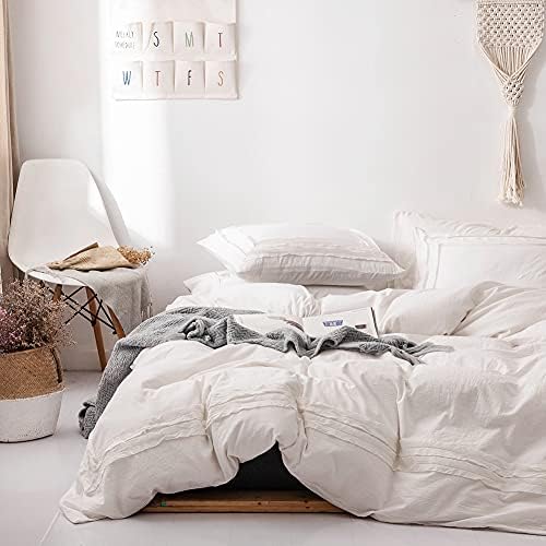 White Duvet Cover Set Washed Cotton Queen Size 3 Pieces Set 1