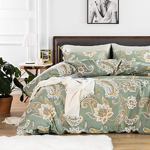 YuHeGuoJi Sage Green Paisley Duvet Cover Queen 100% Cotton 3 Pcs Set