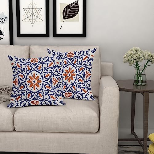 Navy Blue Orange Boho Pillow Covers 18 X 18 Inch Bohemian Ethnic