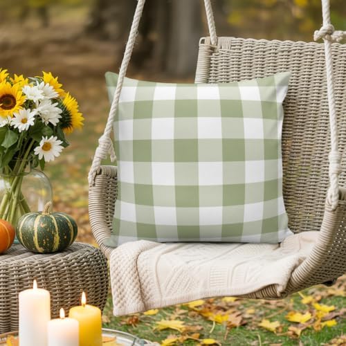 Sage Green White Plaid Waterproof Pillow Covers Set of 2,Minimalist