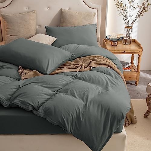 PURE ERA Jersey Knit Duvet Cover Set Solid Dark Greenish Gray Queen