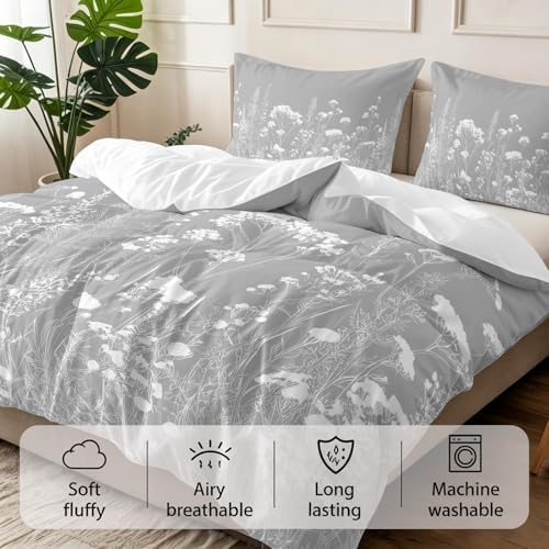 3 Pieces Bedding Set Queen Size, Grey Spring Floral Soft Duvet Covers
