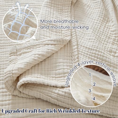 PHF 100% Cotton Muslin Blanket for Adults, Throw XL 50"x70", Oat Milk