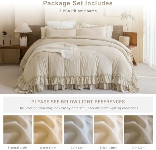 QSH Wheat Ruffled Pillow Shams Queen Size Set of 2, Shabby Farmhouse