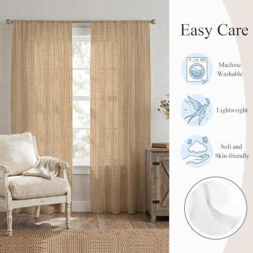 Sheer Curtains 108 Inch Length 2 Panels Beige Linen Texture Light