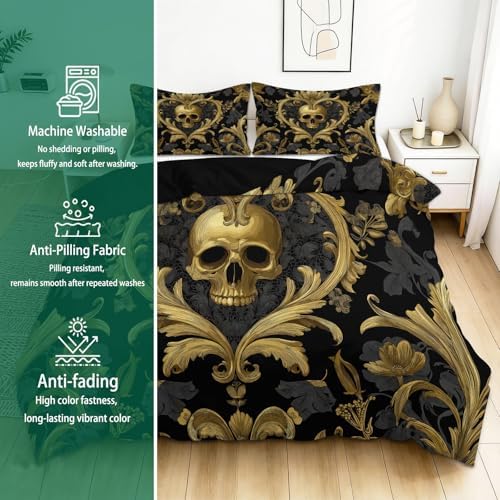 California King Duvet Cover Set Gothic Style Skull with Gold