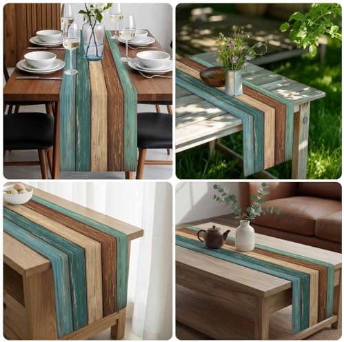 Cotton Linen Table Runner Dresser Scarves Retro Rustic Barn Wood&Teal