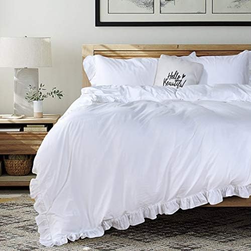 QSH White Ruffle Duvet Cover Queen Washed Cotton Farmhouse Shabby Boho