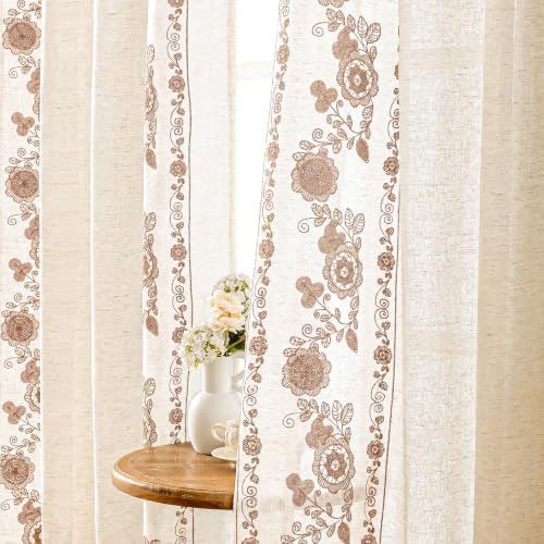 Taupe Boho Floral Linen Curtains for Living Room 96 Inch 2 Panels