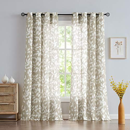Leaf Print Semi Sheer Curtains 52x95" Taupe White Bedroom Window