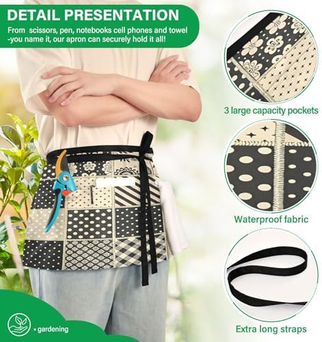 Black Beige Checkered Patchwork Server Aprons with 3 Pockets, Water