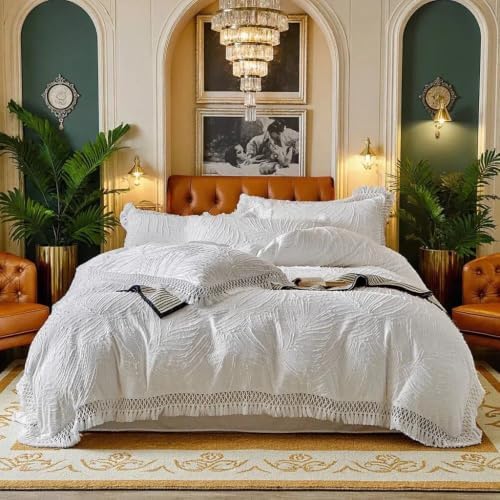 Textured Leaf Duvet Cover Set King, Fringe Trim Bedding Set White