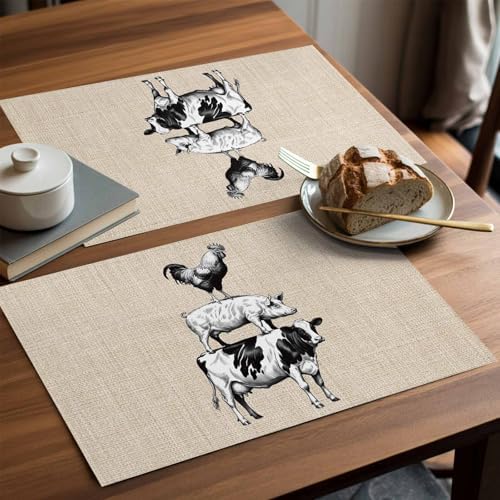 Placemats Set of 8, Farmhouse Wooden Grain Woven Placemat, Linen Place
