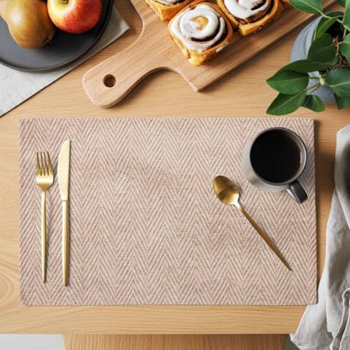 Beige Herringbone Placemats Set of 8 Modern Minimalist Woven Textured