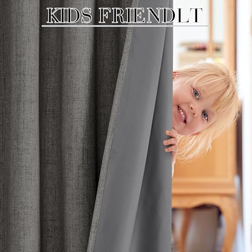 RYB HOME Grey Linen 100% Blackout Curtains 120 Inch Long for Living