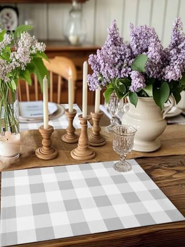 Grey White Plaid Placemat Set of 8, Modern Geometric Minimalist Grid
