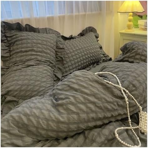 UOIO Ruffle Duvet Cover Set King Size - Boho Chic Ruffled Seersucker
