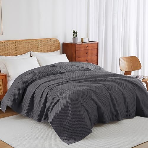 100% Cotton Waffle Throw Blanket for Bed King Size Dark Grey, 104" x