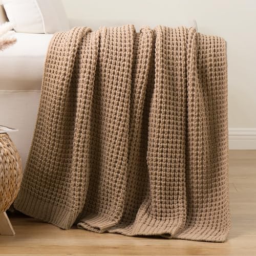 Beige Throw Blanket for Couch, Tan Waffle Knitted Throw Blankets