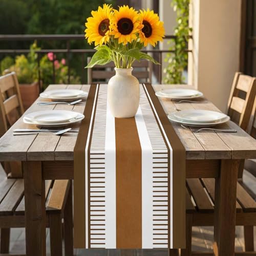 Farmhouse Stripes on White Table Runner 90 Inches Long Cotton Linen