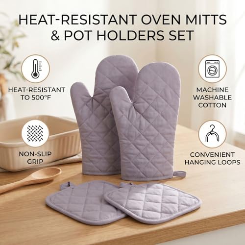 Oven Mitts Heat Proof Cotton Non Slip Kitchen Oven Gloves (Gray)
