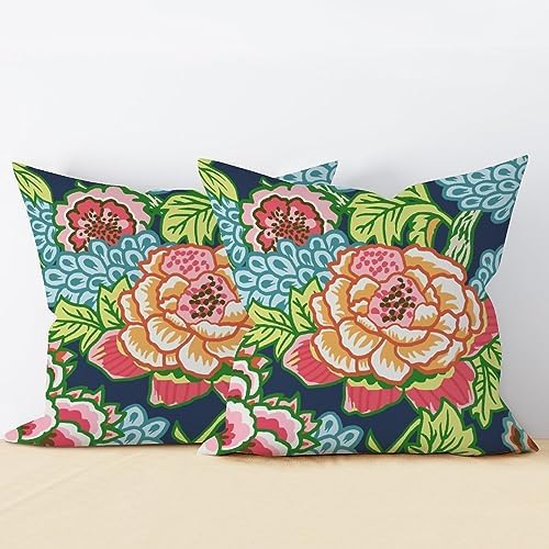 Chinoiserie Throw Pillow Cushion Teal Navy Peony Floral Pillow Cover