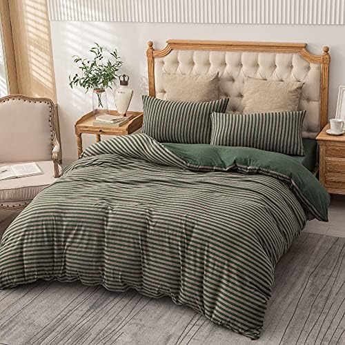 PURE ERA Jersey Duvet Cover Set Heather Forest Green Stripe California