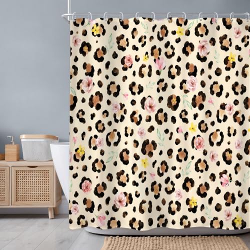 Extra Long Brown Leopard Floral Shower Curtain Set Cheetah Bathroom