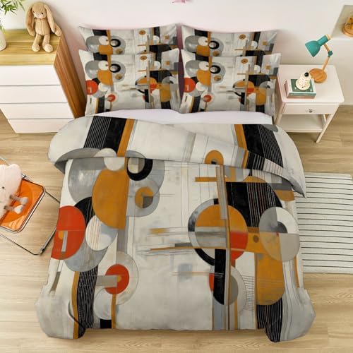 Light Gray Duvet Cover Set Queen Size, Abstract Circle Line Pattern