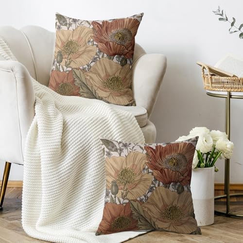 Vintage Floral Pillow Covers 18x18 Inch Set of 2, Brown Rust Red