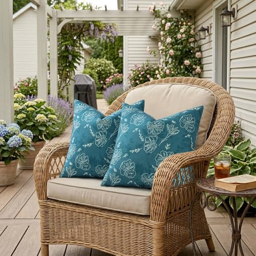 decorUhome Floral Faux Linen Throw Pillow Covers 22x22 Set of 2 Teal
