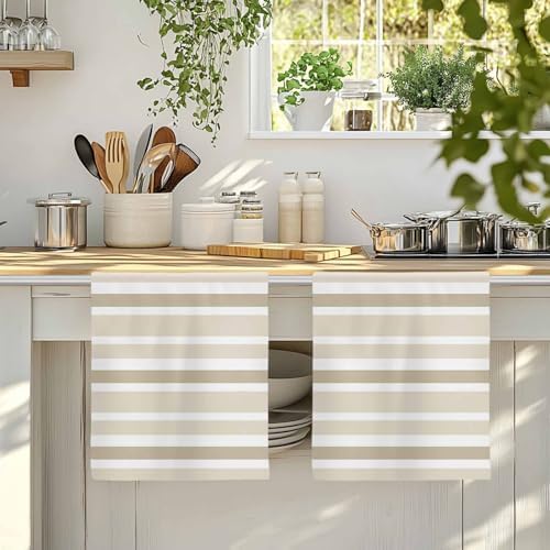 LooPoP Kitchen Towels Set of 3 Beige White Stripes Dish Towels and