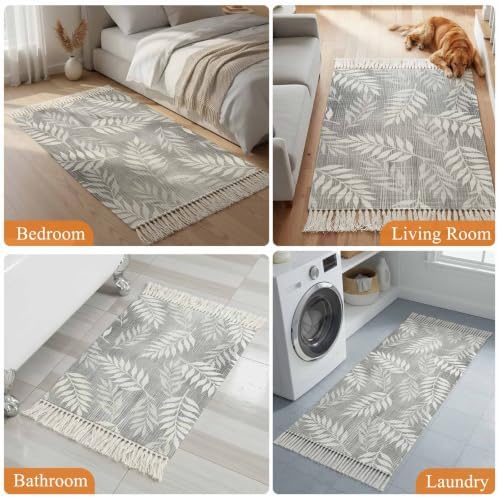 Gray Leaves Hallway Runner Rug 2'x5', Summer Botanical Modern Zen