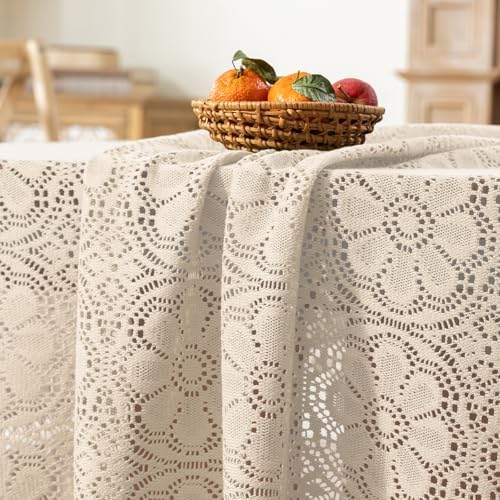 Boho Crochet Cotton Lace Tablecloth Rectangle 52 x 70 Inch Beige
