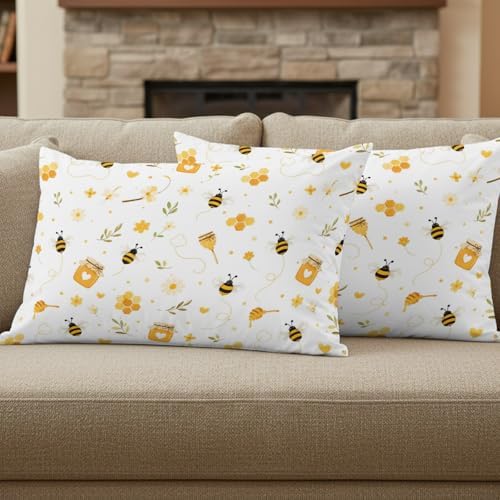 Farmhouse Bees Pillow Covers 12x20IN Set of 2 Cotton Linen Reversible