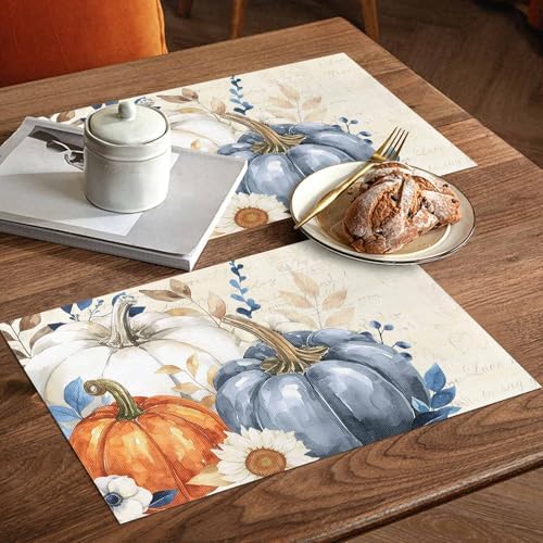 Placemats Set of 8, Fall Beige Pumpkin Woven Placemat, Linen Place