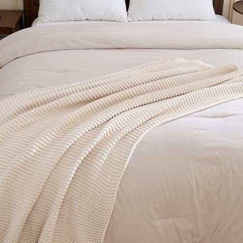 Beige Throw Blanket, Garter Knit, 50" x 60", Ivory Beige