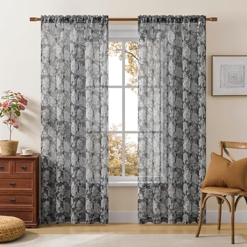 Black Sheer Floral Curtains 72 Inch Length 2 Panels for Bedroom Modern