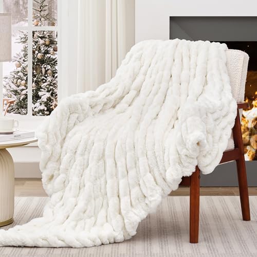 Touchat Ruched Rabbit Faux Fur Throw Blanket,Fluffy Soft Cozy,Cream