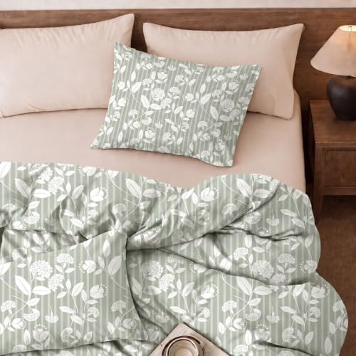 Green Floral Duvet Cover Set Queen Size, Sage Green Leaf Floral Stripe
