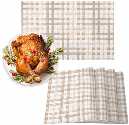 Placemats Set of 8, Farmhouse Pastoral Khaki Tartan Plaid Washable