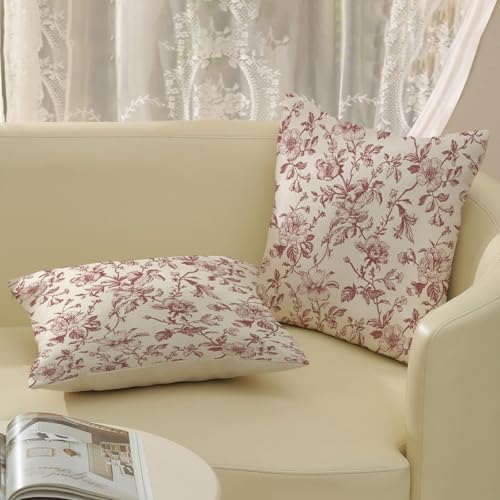 Burgundy Red Floral Pillow Covers 18x18 Set of 2 Chinoiserie Floral