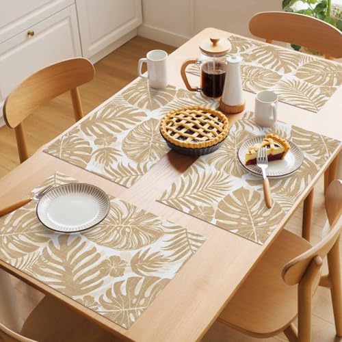 Placemats Set of 8, Sand Tan Monstera Woven Placemat, Linen Place Mats