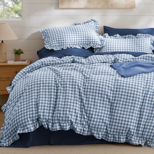 Bedsure Gingham Ruffle Duvet Cover Set, Queen Cotton-Like Quilt Cover