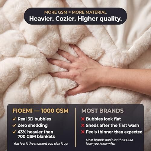 Soft Throw Blanket, 1000 GSM Faux Fur Bubble Blanket, Cream 50x60