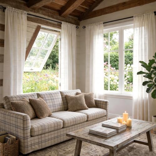White Sheer Curtains 108 Inches Faux Linen Stripe Pattern 2 Panels