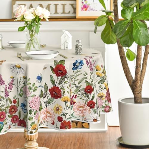 Horaldaily Spring Tablecloth 90 x 90 Inch Round Vintage Flowers Beige